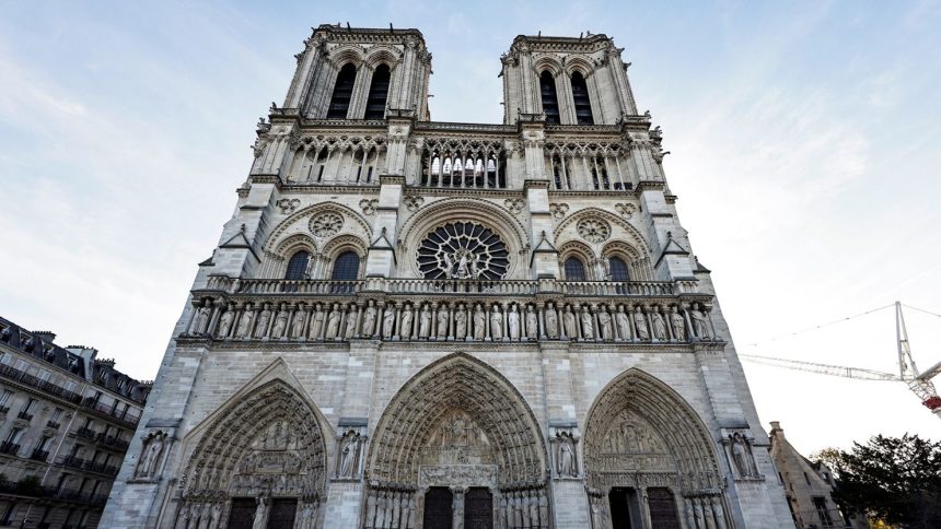 A view of the facade of Notre Dame de Paris cathedral in Paris, on November 29, 2024, ahead of a visit of the French President.