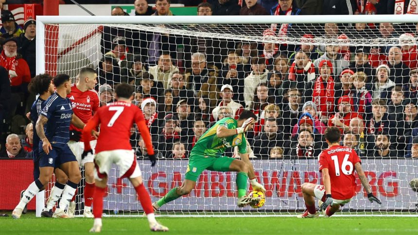 Aston Villa's Emiliano Martinez made a brilliant save against Nottingham Forest.