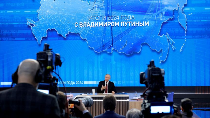 Russia's President Vladimir Putin speaks during his annual end-of-year press conference in Moscow on Thursday.