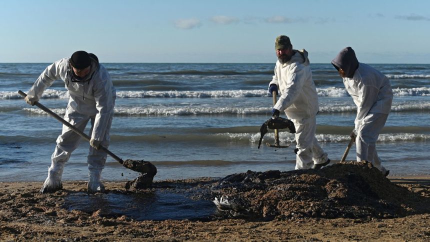 Volunteers work to clean up spilled heavy oil on the shoreline in the Russian village of Vityazevo, near the Black Sea resort of Anapa, on December 20.