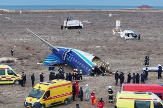 A drone view shows emergency specialists working at the crash site of an Azerbaijan Airlines passenger plane near the city of Aktau, Kazakhstan December 25, 2024. REUTERS/Azamat Sarsenbayev