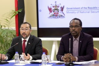 Acting Attorney General and Minister of Energy Stuart Young and Minister of National Security Fitzgerald Hinds hold a press conference at the National Security Ministry in Port of Spain, Trinidad and Tobago, on December 30, 2024.