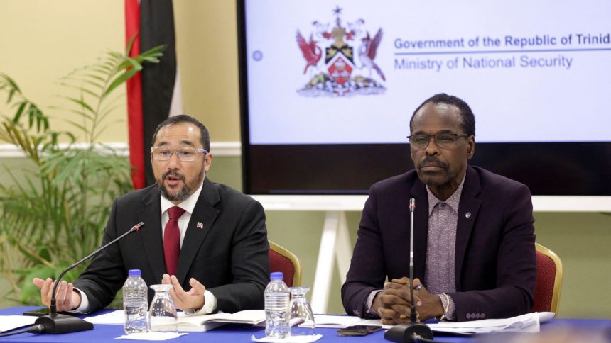 Acting Attorney General and Minister of Energy Stuart Young and Minister of National Security Fitzgerald Hinds hold a press conference at the National Security Ministry in Port of Spain, Trinidad and Tobago, on December 30, 2024.