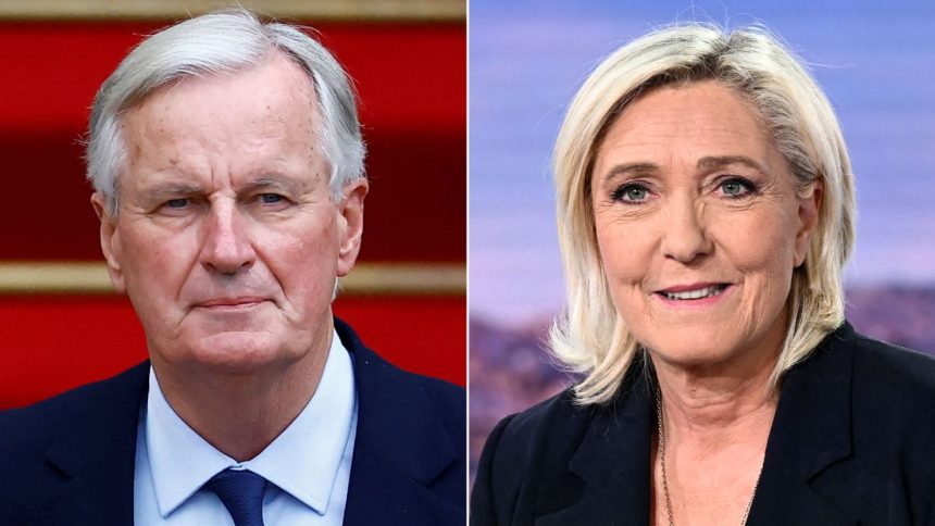 French Prime Minister Michel Barnier and Marine Le Pen of the far-right National Rally.