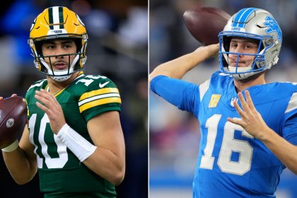 Jordan Love (left) and Jared Goff (right) will clash when the Green Bay Packers and Detroit Lions play on Thursday.