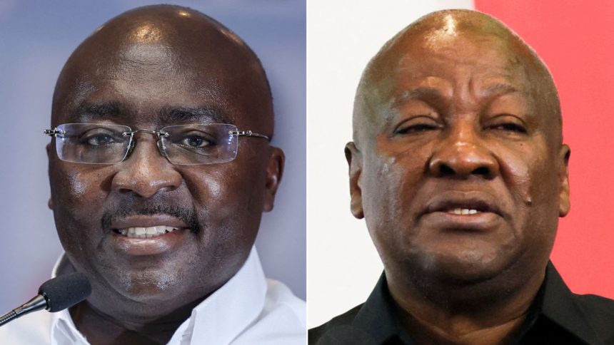 The contest is widely seen as a two-horse race between vice president Mahamudu Bawumia (left) of the ruling New Patriotic Party (NPP) and former president John Mahama (right) of the opposition National Democratic Congress (NDC).