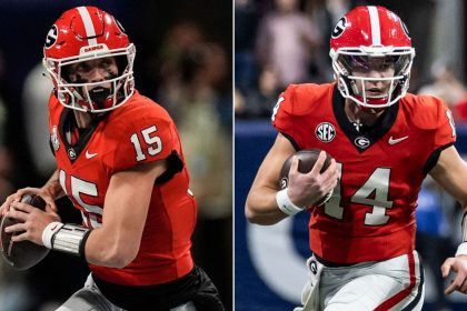 Georgia quarterbacks Carson Beck, left, and Gunner Stockton in action against Texas in the SEC Championship on Saturday, December 7, in Atlanta.