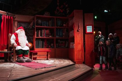 Rovaniemi, Lapland, Finland: Santa Claus meets with children at his office near Rovaniemi. Located in Lapland, Rovaniemi's Santa Claus Village amusement park is a snow-covered wonderland of reindeer rides, ice castles, snowmobiles and igloo hotels where Christmas holds sway 365 days a year.