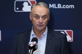 Major League Baseball commissioner Rob Manfred speaks at a press conference following an owners meeting on May 23.