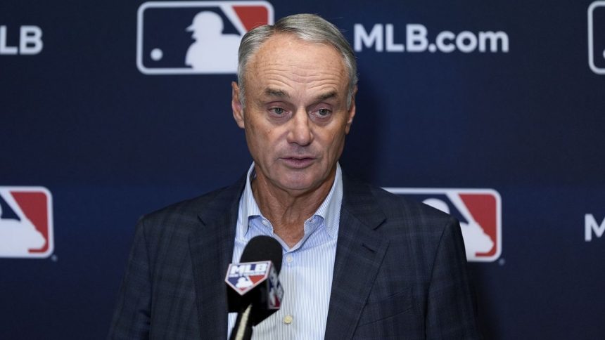 Major League Baseball commissioner Rob Manfred speaks at a press conference following an owners meeting on May 23.