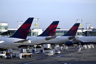 Delta Air Lines planes at their terminal in New York's John F. Kennedy International Airport.