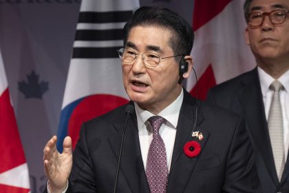 FILE - South Korea's Foreign Minister Cho Tae-yul, right, looks on as South Korea's Defense Minister Kim Yong Hyun speaks during a news conference in Ottawa, Ontario, on Nov. 1, 2024. (Adrian Wyld/The Canadian Press via AP, File)