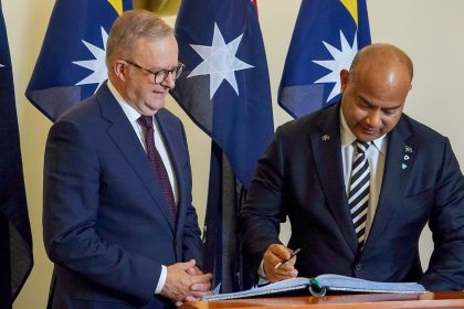 Australian Prime Minister Anthony Albanese (left) and Nauru President David Adeang (right) at the Australian Parliament House in Canberra on December 9, 2024.