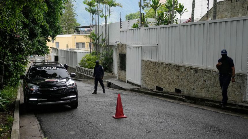 A police car outside Argentina's embassy in Caracas, where some members of Venezuela's opposition are seeking asylum.