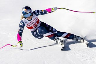 Lindsey Vonn competes in an alpine ski, women's World Cup super G, in St. Moritz, Switzerland, on December 21, 2024.