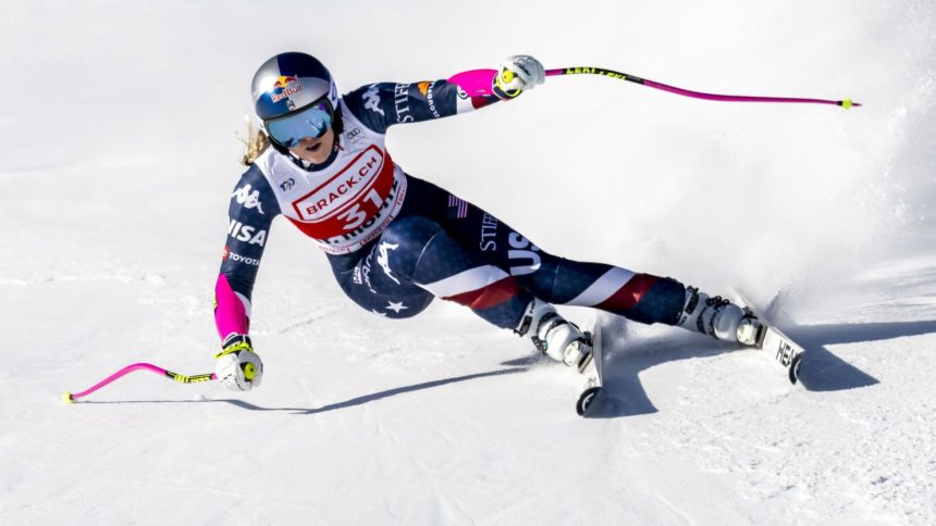 Lindsey Vonn competes in an alpine ski, women's World Cup super G, in St. Moritz, Switzerland, on December 21, 2024.