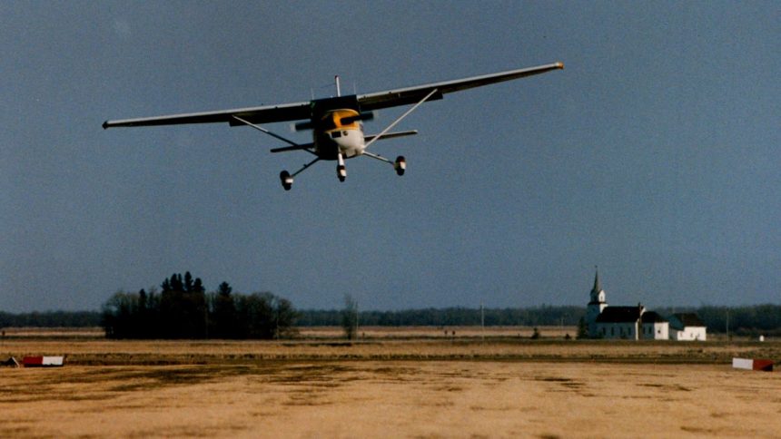 The grass runway at the Piney-Pinecreek Border Airport near Roseau, Minnesota, on April 25, 1993.