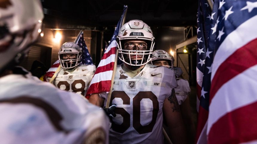 Connor Finucane of the Army Black Knights prepares to take the field before the start of a game against the Navy Midshipmen at MetLife Stadium on December 11, 2021 in East Rutherford, New Jersey.