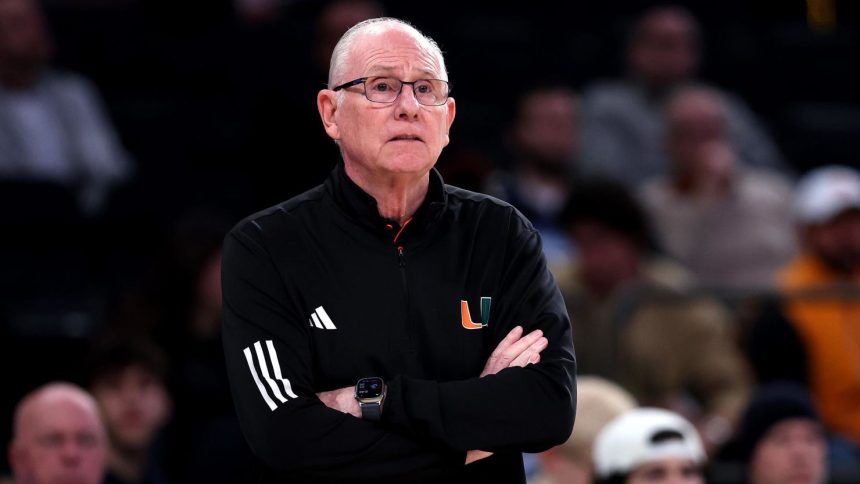 Miami Hurricanes Head Coach Jim Larrañaga during a game against the Tennessee Volunteers in the Jimmy V Classic at Madison Square Garden on December 10 in New York.