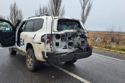 A drone attack in Ukraine destroyed the back of an armored vehicle belonging to the International Atomic Energy Agency.