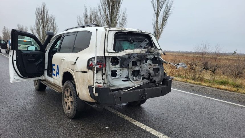 A drone attack in Ukraine destroyed the back of an armored vehicle belonging to the International Atomic Energy Agency.