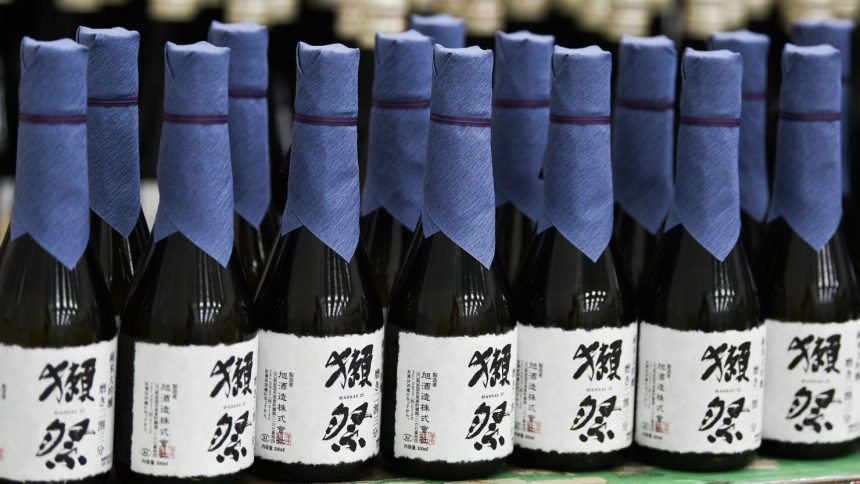 Bottles of Dassai 23 sake are seen at Asahi Shuzo Co's facility in Iwakuni, Yamaguchi Prefecture, Japan, on July 7, 2022.