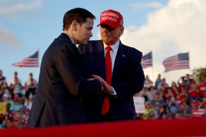 Sen. Marco Rubio, left, stands with former President Donald Trump, who has picked him to be secretary of state in the second Trump administration.