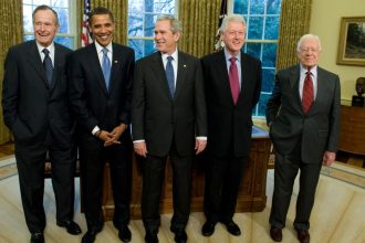 From left, former President George H.W. Bush, then-President-elect Barack Obama, President George W. Bush, former President Bill Clinton and former President Jimmy Carter in the White House on January 7, 2009.