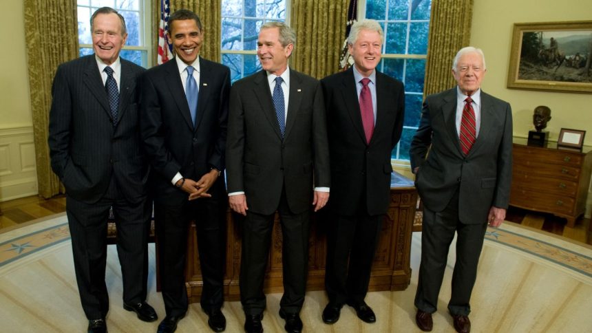 From left, former President George H.W. Bush, then-President-elect Barack Obama, President George W. Bush, former President Bill Clinton and former President Jimmy Carter in the White House on January 7, 2009.