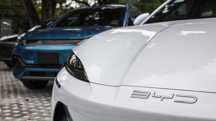 A BYD electric vehicle at a dealership in Sao Paulo, Brazil, seen in October 2023.