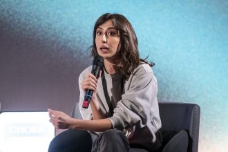 Italian journalist Cecilia Sala speaks at a presentation for her podcast In Viaggio con Stories at the Milan Conservatory during the Chora Festival in Milan, Italy, on February 16.