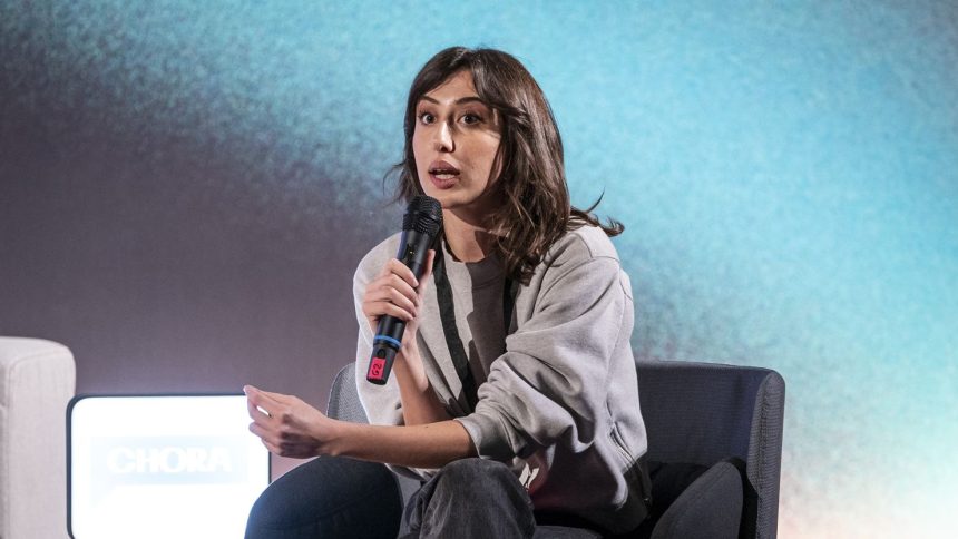 Italian journalist Cecilia Sala speaks at a presentation for her podcast In Viaggio con Stories at the Milan Conservatory during the Chora Festival in Milan, Italy, on February 16.