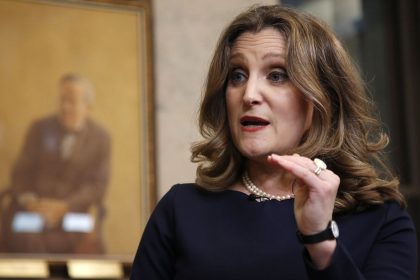 Chrystia Freeland, Canada's deputy prime minister and finance minister, during a television interview after tabling the federal budget in Ottawa, Ontario, Canada, on Tuesday, April 16, 2024. Canada will raise capital gains taxes on businesses and wealthy individuals to help pay for tens of billions in new spending aimed at making housing more affordable and helping young people. Photographer: David Kawai/Bloomberg via Getty Images