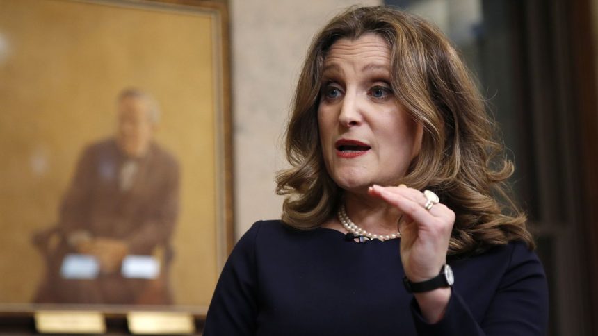 Chrystia Freeland, Canada's deputy prime minister and finance minister, during a television interview after tabling the federal budget in Ottawa, Ontario, Canada, on Tuesday, April 16, 2024. Canada will raise capital gains taxes on businesses and wealthy individuals to help pay for tens of billions in new spending aimed at making housing more affordable and helping young people. Photographer: David Kawai/Bloomberg via Getty Images