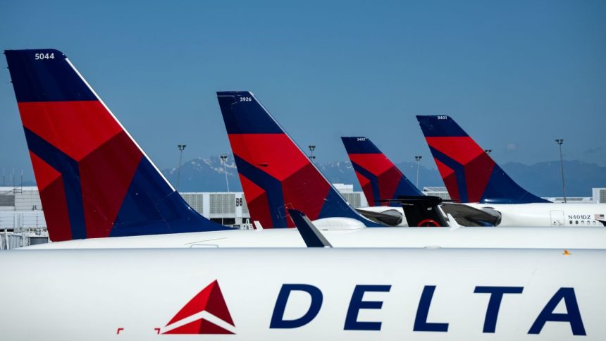 Delta Air Lines planes are seen parked at Seattle-Tacoma International Airport on June 19, 2024, in Seattle, Washington.