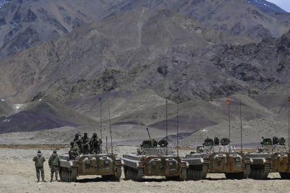 Indian army armored vehicles at a military camp in Eastern Ladakh, close to the contested border with China on May 19, 2024.