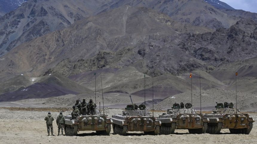 Indian army armored vehicles at a military camp in Eastern Ladakh, close to the contested border with China on May 19, 2024.