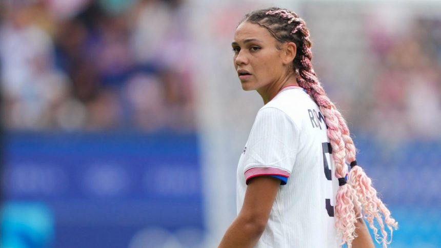 Trinity Rodman looks on during the second half of the USWNT's quarterfinal match against Japan at the Olympic Games in Paris on August 3.