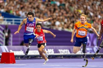 Ezra Frech of the United States of America competes in the Men's 100m - T63 Final at Stade de France during the Paris 2024 Paralympic Games in Paris, France, on September 2, 2024. (Photo by Mauro Ujetto/NurPhoto via Getty Images)