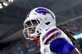 Buffalo Bills running back James Cook celebrates after scoring a touchdown against the Miami Dolphins on September 12.