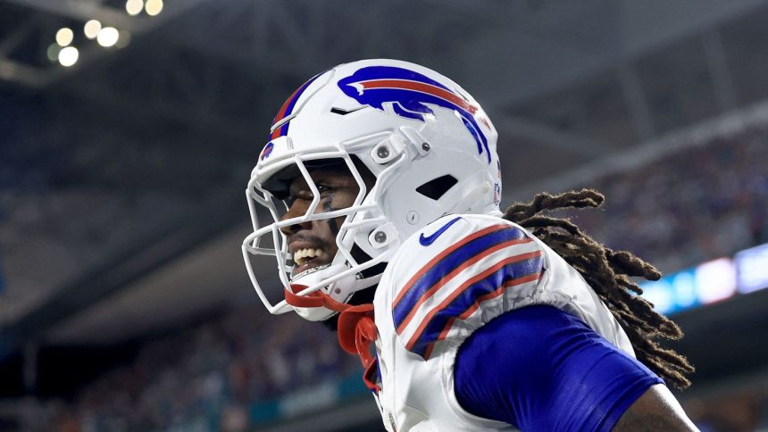 Buffalo Bills running back James Cook celebrates after scoring a touchdown against the Miami Dolphins on September 12.