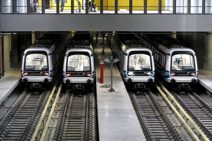 Trains parked at the depot station of the Thessaloniki metro on November 22, 2024.