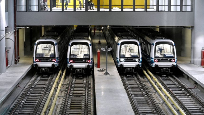 Trains parked at the depot station of the Thessaloniki metro on November 22, 2024.