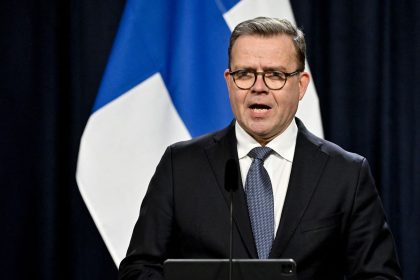 Finnish Prime Minister Petteri Orpo speaking in Harpsund, Sweden last month.