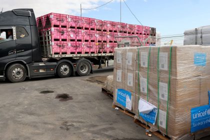 A picture taken during a tour organised by the Israeli Army shows an Israeli truck transporting aid destined for the Gaza Strip at a drop-off area near the Kerem Shalom crossing, on November 28, 2024.