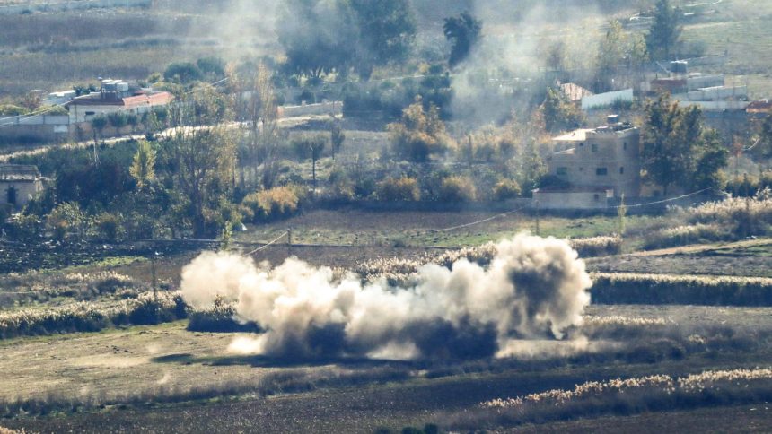 Israeli shelling in Marjayoun, Southern Lebanon,  on November 30 – days after a ceasefire took effect.