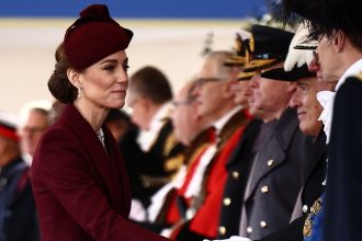 Britain's Catherine, Princess of Wales greets dignitaries as she arrives ahead of a Ceremonial Welcome for the Emir of Qatar at Horse Guards Parade in London on December 3, 2024, on the first day of their two-day State Visit to Britain. The Emir of Qatar and his wife are in the UK for a two-day state visit, hosted by Britain's King. (Photo by HENRY NICHOLLS / POOL / AFP) (Photo by HENRY NICHOLLS/POOL/AFP via Getty Images)