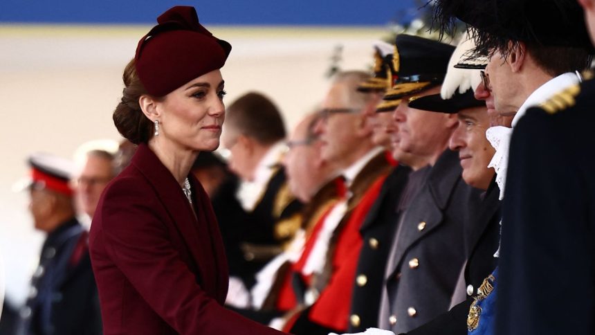 Britain's Catherine, Princess of Wales greets dignitaries as she arrives ahead of a Ceremonial Welcome for the Emir of Qatar at Horse Guards Parade in London on December 3, 2024, on the first day of their two-day State Visit to Britain. The Emir of Qatar and his wife are in the UK for a two-day state visit, hosted by Britain's King. (Photo by HENRY NICHOLLS / POOL / AFP) (Photo by HENRY NICHOLLS/POOL/AFP via Getty Images)