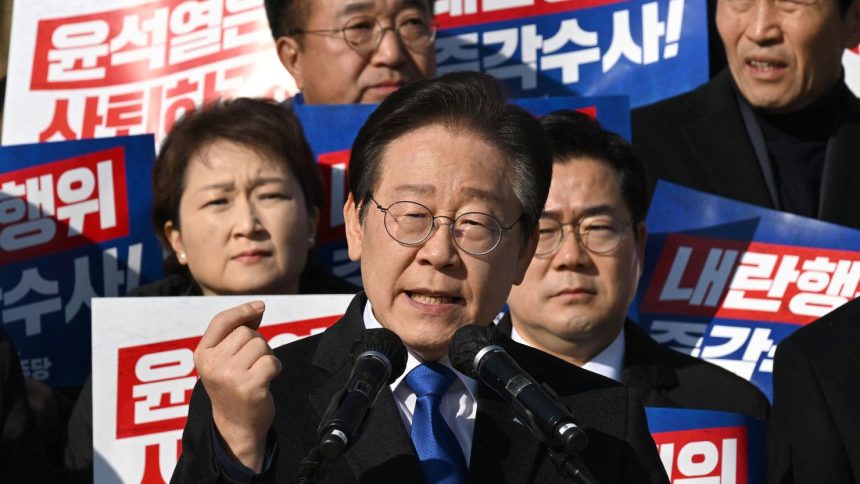 South Korea's opposition Democratic Party leader Lee Jae-myung speaks at a rally against President Yoon Suk Yeol at the National Assembly in Seoul on December 4, 2024.