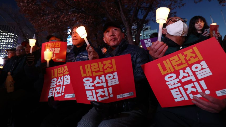 Protesters demonstrate against the country's president on December 4, 2024 in Seoul, South Korea.